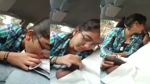 Desi GF with Glasses Gives Wild Car Blowjob to BF