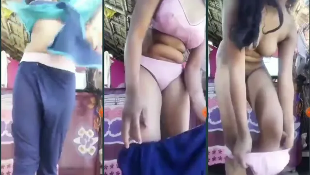 Desi Babe Strips Down in Hut Revealing Pink Panties Pussy